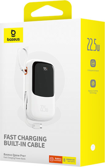 Baseus Qpow Pro+ Power Bank 20000mAh 22.5W με Θύρα USB-A και Θύρα USB-C Power Delivery / Quick Charge 3.0 Λευκό