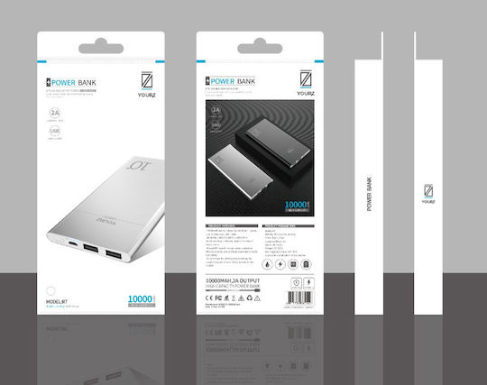 YOURZ R7 Power Bank 10000mAh με 2 Θύρες USB-A Ασημί