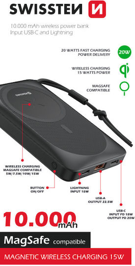 Swissten MagSafe Power Bank 10000mAh 20W με Θύρα USB-A και 2 Θύρες USB-C Power Delivery Μαύρο
