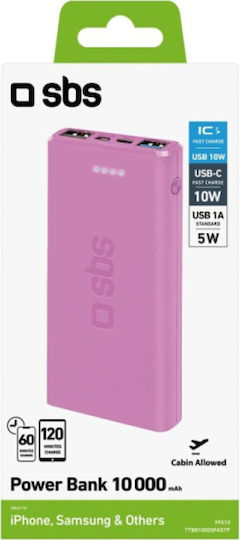 SBS Power Bank 10000mAh με 2 Θύρες USB-A και Θύρα USB-C Ροζ