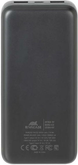 Rivacase Power Bank 20000mAh με 2 Θύρες USB-A Power Delivery Μαύρο