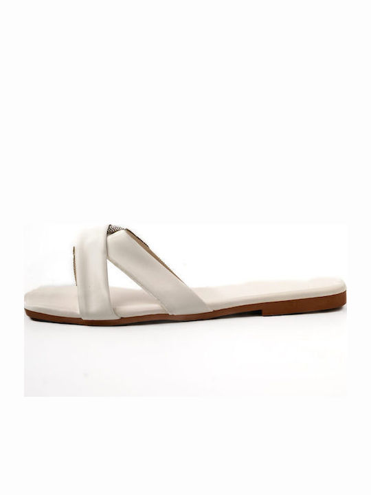 White Flat Sandals with Rhinestone Detail
