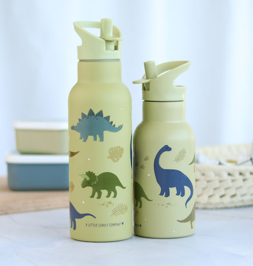 A Little Lovely Company Kids Water Bottle Thermos Dinosaur Stainless Steel with Straw Non Spill Beige 500ml