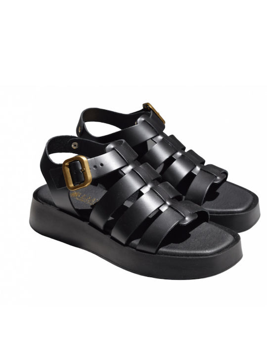 Leather Women's Flat Sandals in Black Color