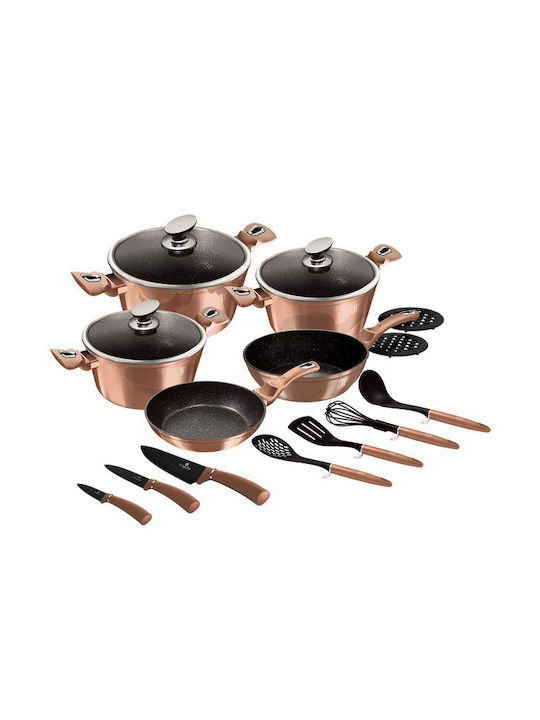 Berlinger Haus Metallic Line Cookware Set of Aluminum with Stone Coating Rose Gold Collection 17pcs