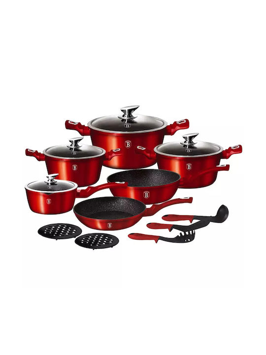 Berlinger Haus Metallic Line Cookware Set of Aluminum with Stone Coating Burgundy Collection 15pcs