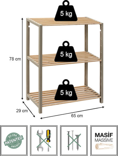 FixWood Wooden Kitchen Rack 3 Tiers Beige 65x29x78cm