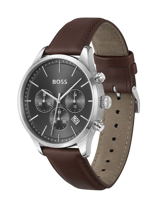 Hugo Boss Uhr Chronograph Batterie mit Braun Lederarmband