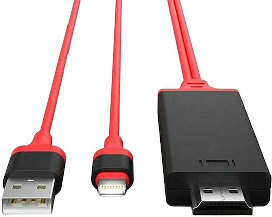 XO HDMI Cable Male - Lightning Male / USB-A Male 1m Red