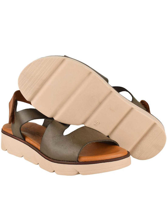 Yfantidis Leather Women's Flat Sandals in Khaki Color