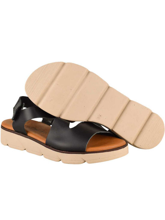 Yfantidis Leather Women's Flat Sandals in Black Color