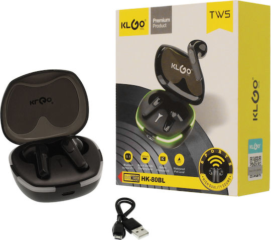 KLGO HK-80BL Earbud Bluetooth Handsfree Ακουστικά με Αντοχή στον Ιδρώτα και Θήκη Φόρτισης Μαύρα