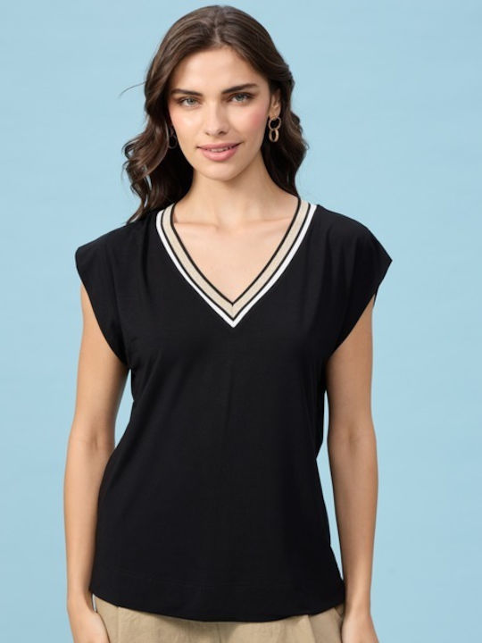 Passager Women's Blouse Short Sleeve with V Neckline Black
