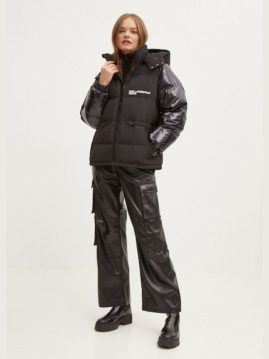Karl Lagerfeld Women's Short Puffer Jacket for Winter with Hood Black