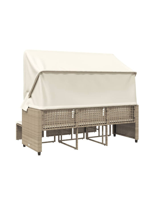 Dreifach Garten- und Pool-Liegestuhl Rattan mit Kissen & Sonnenschutz Beige mit Tisch