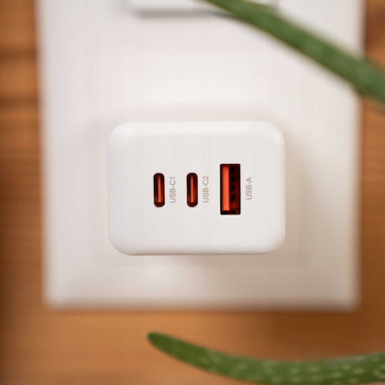 Spacecase Charger Without Cable GaN with USB-A Port and 2 USB-C Ports 65W Power Delivery / Quick Charge 3.0 Whites (121976)