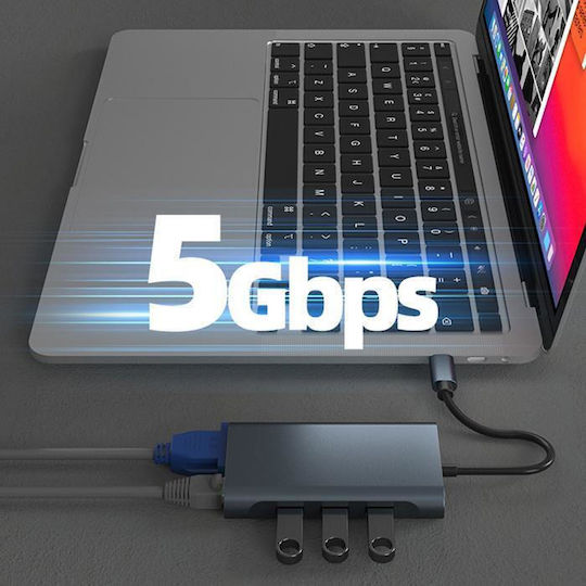 Powertech BYL-2311 USB-C Docking Station with HDMI 4K PD Ethernet and Support for 2 Monitors Gray