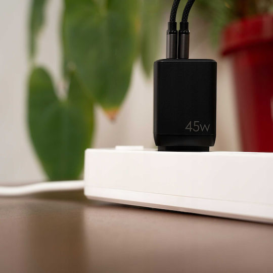 Spacecase Ladegerät ohne Kabel GaN mit 2 USB-A Anschlüsse 45W Stromlieferung / Schnellaufladung 3.0 Schwarzs (SC006B)