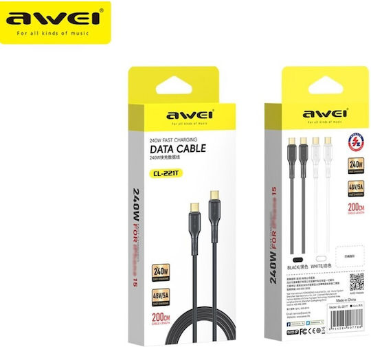Awei USB 2.0 Кабел USB-C Мъжки - USB-C 240W Захранване PD Черен 1м