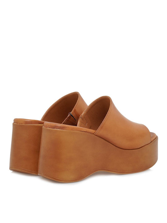 Leather Mules With High Heel In Tabac Brown Colour