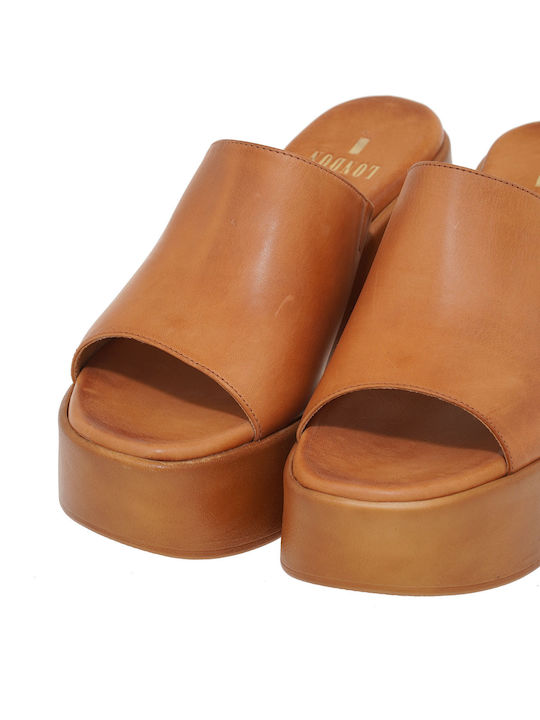 Leather Mules With High Heel In Tabac Brown Colour