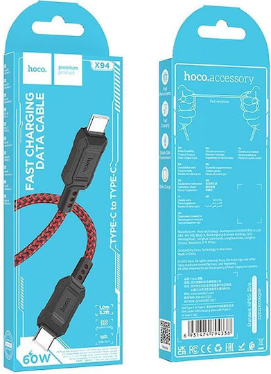 Hoco Leader X94 USB 2.0 Cable USB-C Male - USB-C 60W PD Red 1m HOC-X94c-R