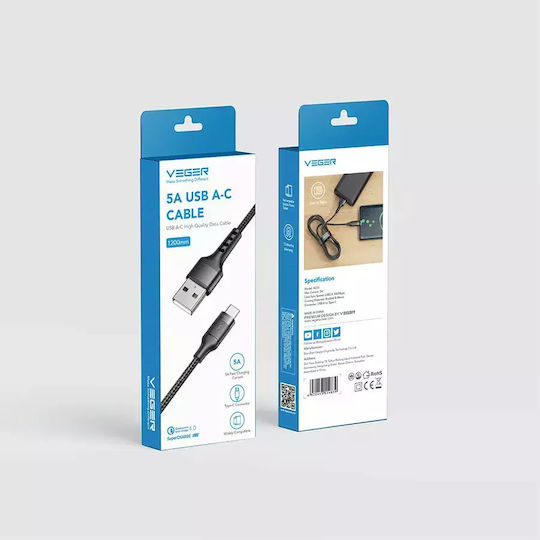 Veger AC03 Braided USB 2.0 Cable USB-C male - USB-A 100W Μαύρο 1.2m