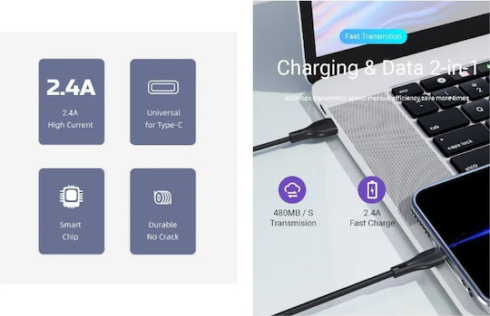 Awei CL-223T USB 2.0 Cable USB-C male - USB-A Λευκό 1m