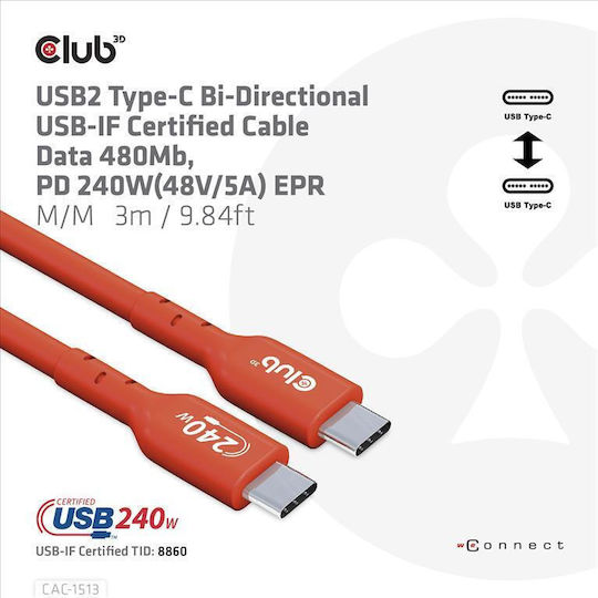 Club3D USB 2.0 Cable USB-C male - USB-C 240W PD Κόκκινο 3m CAC-1513