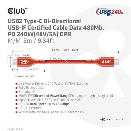 Club3D USB 2.0 Cable USB-C male - USB-C 240W PD Κόκκινο 3m CAC-1513
