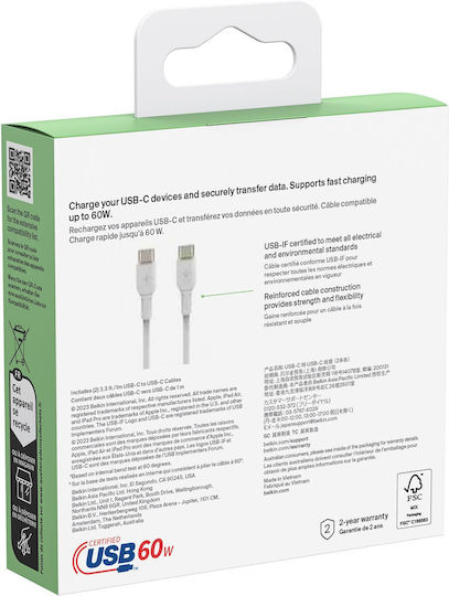 Belkin 2 Pack USB 2.0 Cable USB-C Male - USB-C 60W PD White 1m CAB003BT1MWH2PK 2 Pieces
