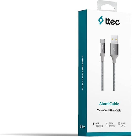 TTEC Плетена USB 2.0 Кабел USB-C мъжки - USB-A мъжки Сив 1.2м (2DK18UG)