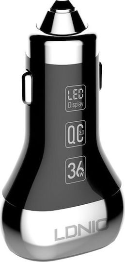 Ldnio Car Charger Black C2 Total Intensity 3A Fast Charging with Ports: 2xUSB with Cable Lightning and Battery Voltmeter