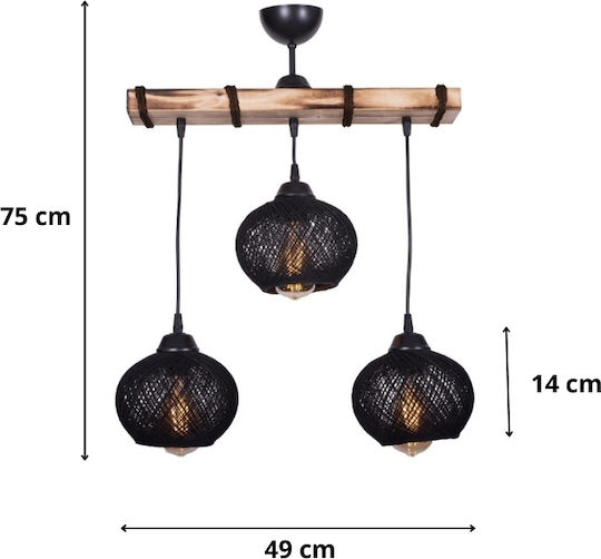 Megapap Sirmione Pendant Light Black with Rope for Socket E27 49x17x75cm
