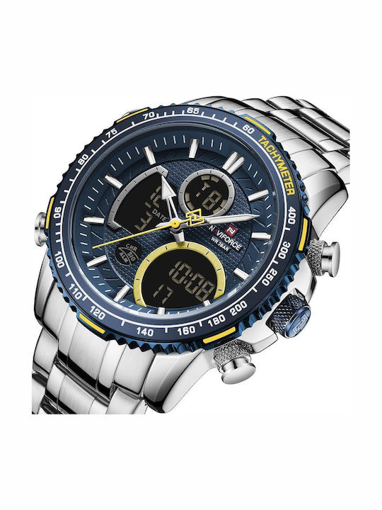 Naviforce Ceas Analogic/Digital Pentru Bărbați 46mm Cronograf Cu Baterie Cu Brățară Din Oțel Inoxidabil Argintie