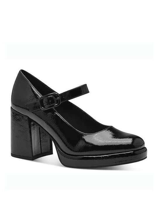 Synthetic Leather Black High Heels with Strap