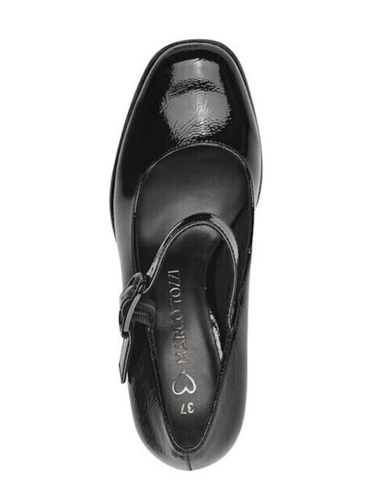 Synthetic Leather Black High Heels with Strap