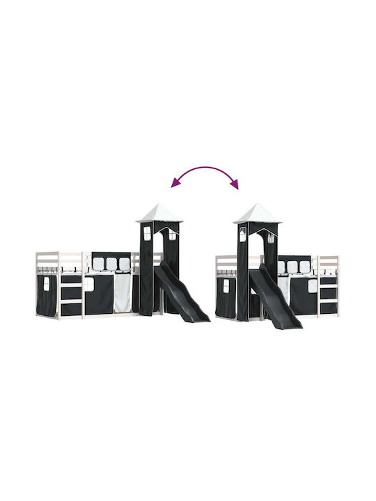 Pat pentru Copii Loft Bed Single Alb-Negru pentru Saltea 90x200cm