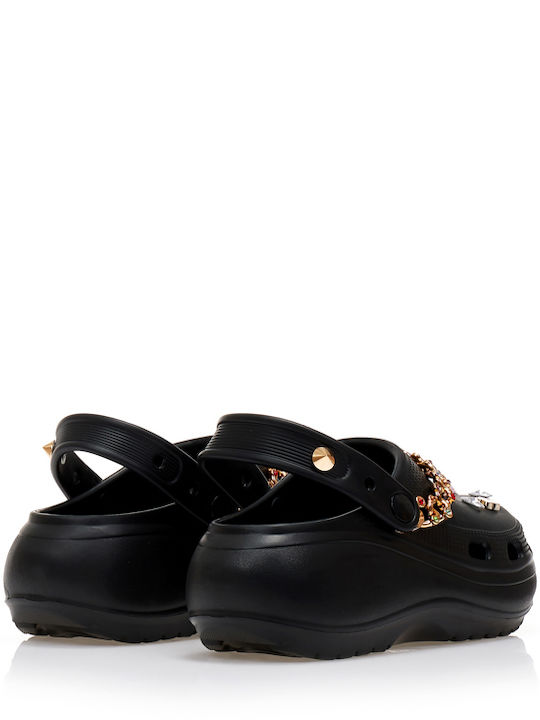 Schwarze Clog-Pantoffeln mit Goldkettendekorationen