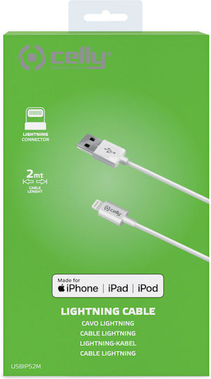 Celly Regular USB-A la Cablu Lightning Alb 2m (USBIP52M)