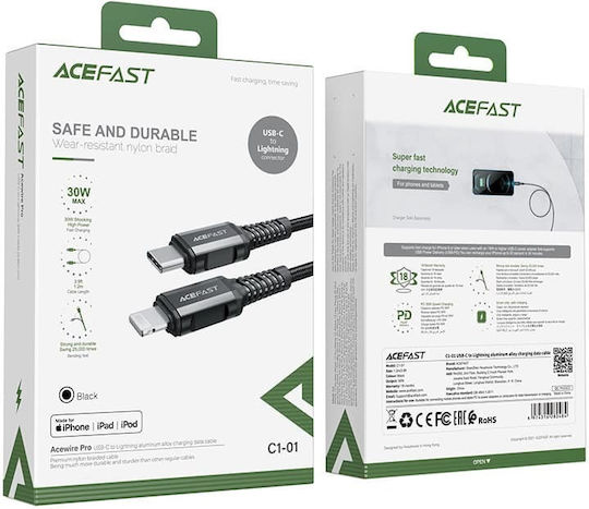 Acefast Плетена USB-C към Lightning кабел 30W Черен 1.2м (C1-01)