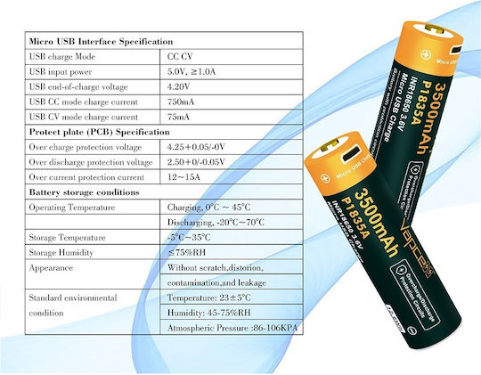 Vapcell Rechargable Battery 18650 3500mAh 3.6V 1pcs