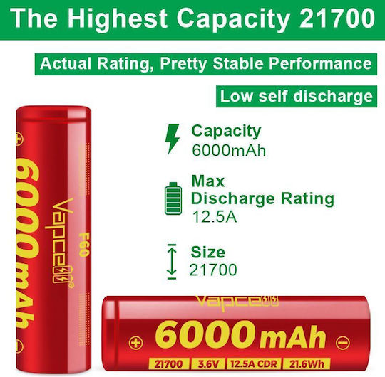 Vapcell Baterie Reîncărcabilă 21700 6000mAh 3.6V 1buc