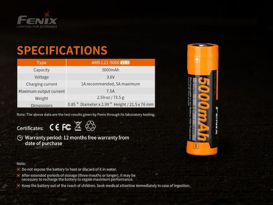 Fenix Επαναφορτιζόμενη Μπαταρία 21700 5000mAh 3.6V 1τμχ
