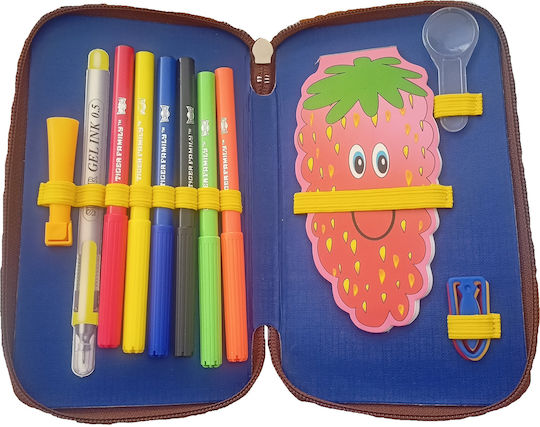 Square Beige Brown Strawberry 3D Quadruple Filled Pencil Case