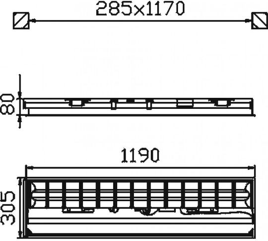 DIL Fluoreszierende Deckenleuchte mit 2 Lampenplätzen Form T8 für Fassung G13 L119xB30.5xH7.9cm.