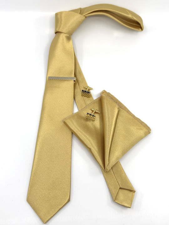 Cravată L-053-51 6.5 Cm Set Batistă Material Satin Lucios Culoare Goldenrod