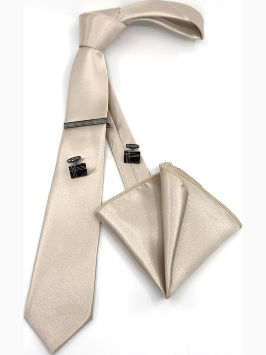 L-053-53 Γραβατα 6,5 Cm Set Μαντηλακι Υφασμα Satin Glossy Χρωμα Ivory