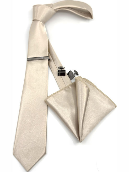 L-053-53 Γραβατα 6,5 Cm Set Μαντηλακι Υφασμα Satin Glossy Χρωμα Ivory