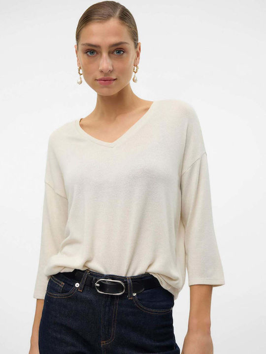 Vero Moda Women's Sweater with 3/4 Sleeve & V Neckline Beige